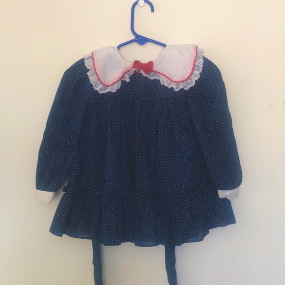 Vintage 80s 90s Girl Toddler Blue Polka Dot Ruffled Dress White Lace Collar &Bow - Picture 1 of 12